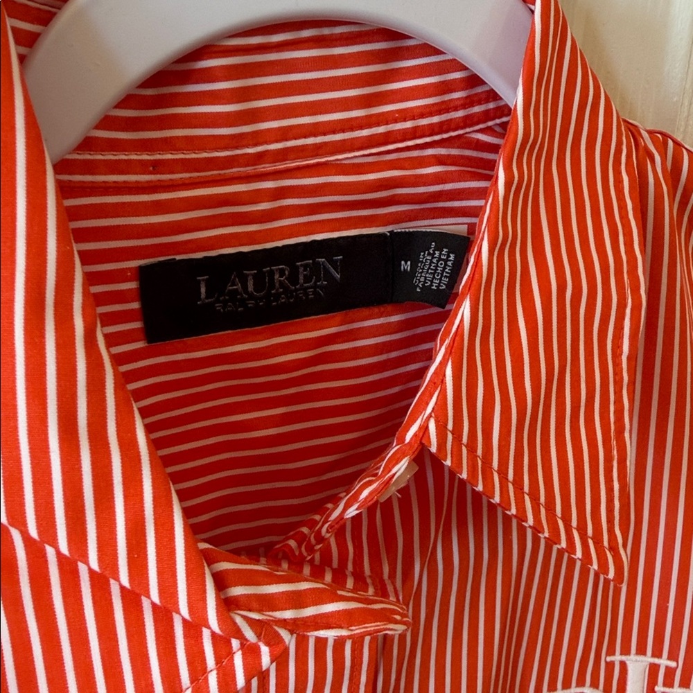 Lauren Ralph Lauren Orange and White Striped Button-Up Shirt Sz M.  Box21 - Picture 2 of 5